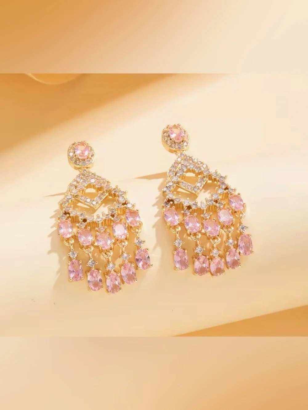 Gold-Tone Pink Crystal Chandelier Earrings
